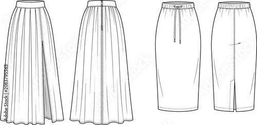 Photos Fashion technical sketch of women maxi slit skirt and midi pencil skirt vector t
