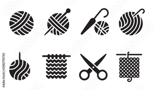 Cuadro en lienzo Knitting and crochet tools icons set for handicraft hobby with yarn and scissors symbols