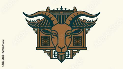 Canvastavla Flat Vector Illustration of Stylized Goat Head Integrated with Traditional Chine