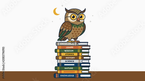Wise Flat Vector Owl Character Wearing Glasses Perched on Stack of Colorful Books, Crescent Moon and Stars in Night Sky, Symbolizing Knowledge and Learning