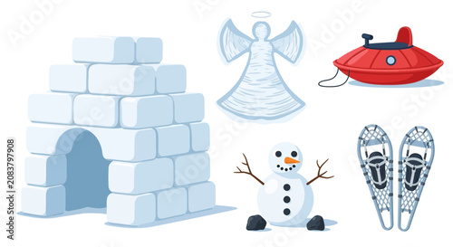 Foto Set of winter season icons featuring an igloo, snow angel, sled, snowman and snowshoes
