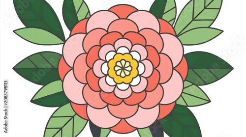 Bild auf Leinwand Flat Vector Illustration of a Pink Peony Flower Head Viewed Directly Above with
