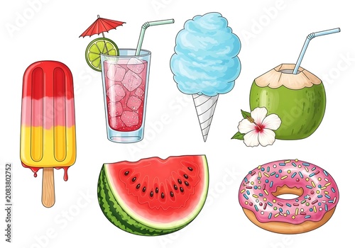 Colorful summer fruits and drinks with ice vector set