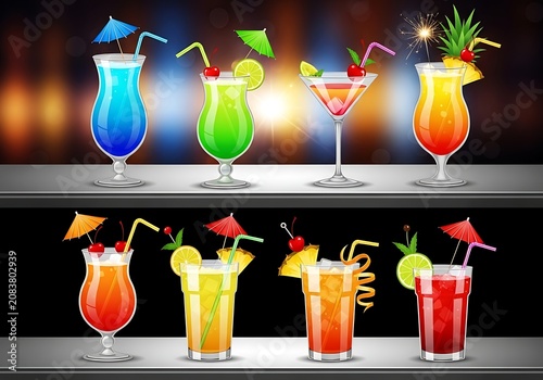 Colorful tropical cocktails with straws and fruit garnish