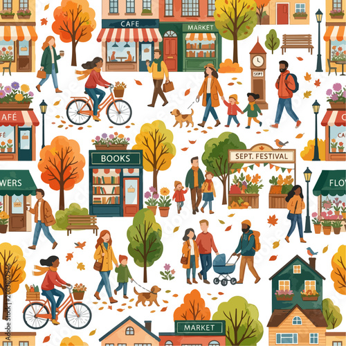 Vibrant Autumn Festival Village Scene with Families Shops and Seasonal Activities in Vector Illustration Style people community cafe market books