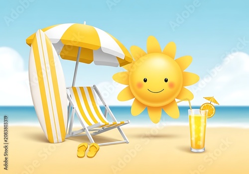 Cute smiling sun with sunglasses holding yellow flower in summer