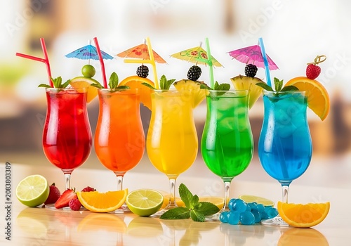Five colorful fruit smoothies with straws and fresh fruits