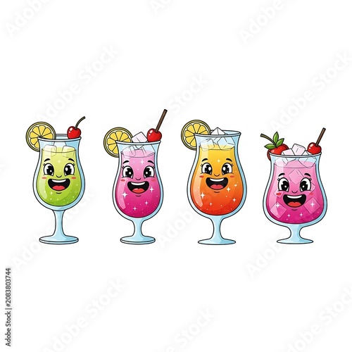 Four happy cocktails with faces and fruits smiling cheerfully