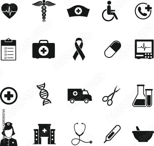 Medical Icons with Healthcare Symbols and Science Elements in Clean Flat Design