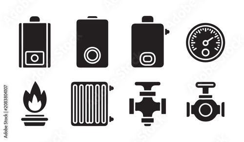 Gas boilers heating system icons and temperature monitoring gauges for domestic comfort.