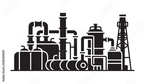 Bild auf Leinwand Complex industrial refinery silhouette showing intricate piping and distillation equipment