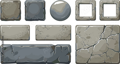 Konstfotografi Set of isolated grey stone and rock building blocks with cracks and weathered te