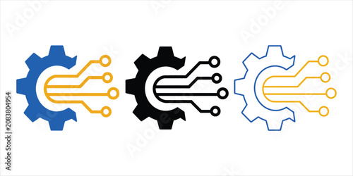 Konstfotografi Smart Technology Gear Icon Set With Circuit Board Traces In Blue Yellow Black An