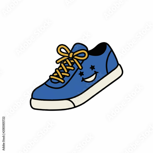 Cute blue sneaker cartoon illustration with yellow laces and star eyed smiley face on white background