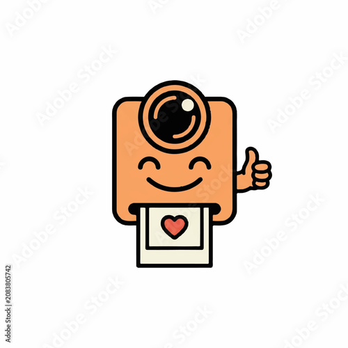 Cute cartoon instant camera mascot showing a thumbs up gesture and printing a snapshot with a heart shape inside, vector illustration