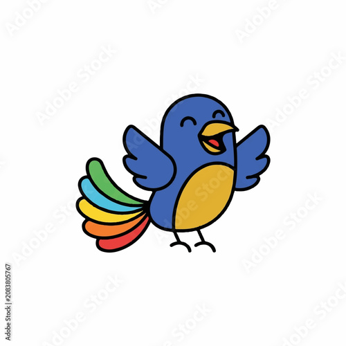 Cute cartoon blue bird with a colorful rainbow tail flying and singing happily, vector illustration isolated on white background