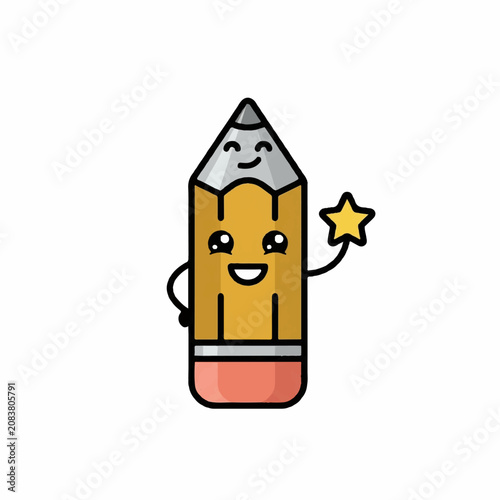 Kawaii yellow pencil character smiling and holding a star, creative learning and education vector mascot.