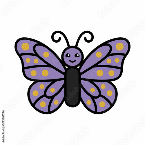 Cute cartoon purple butterfly vector illustration with yellow spots and a happy smiling face isolated on a white background