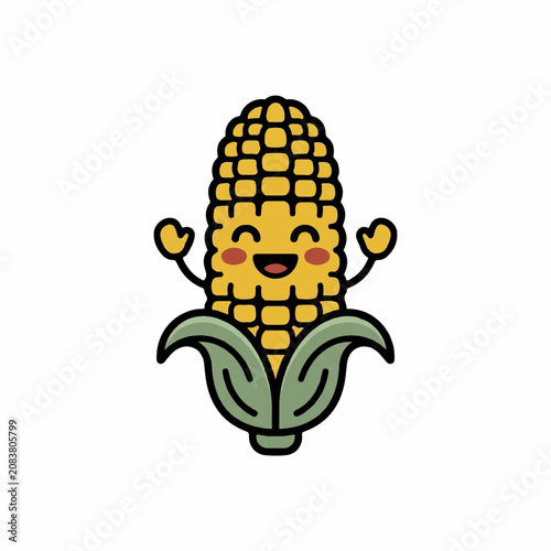 Cute cartoon sweet corn mascot smiling and waving hands with a happy expression, vector illustration isolated on white background