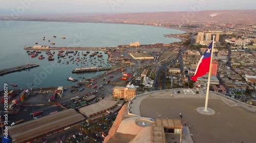Aerial view from the top of the Morro de Arica looking over the port and city in Chile