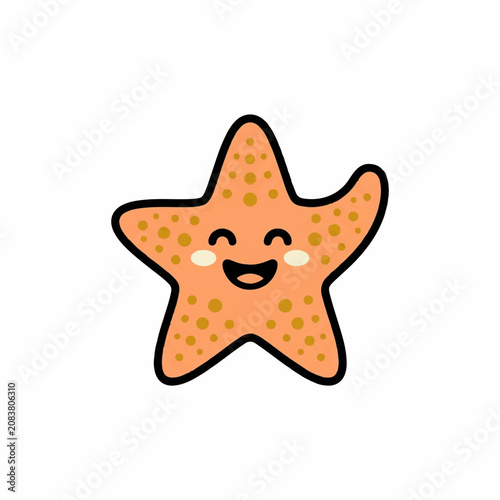 Cute smiling cartoon starfish character illustration with happy face isolated on white background
