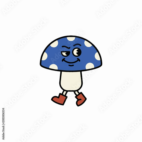 Cute vintage cartoon style blue mushroom character with a mischievous smile walking in red boots