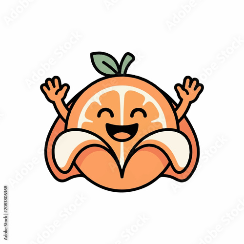 Cute cartoon orange mascot character peeling itself and raising hands in joy, vector illustration on a white background.