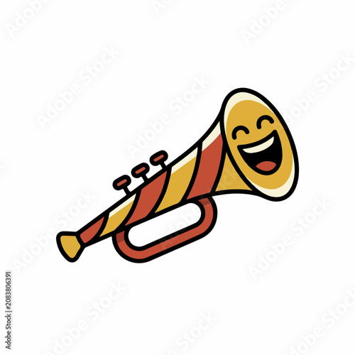 Playful brass trumpet character with a cheerful laughing face emoji, flat vector icon on white background