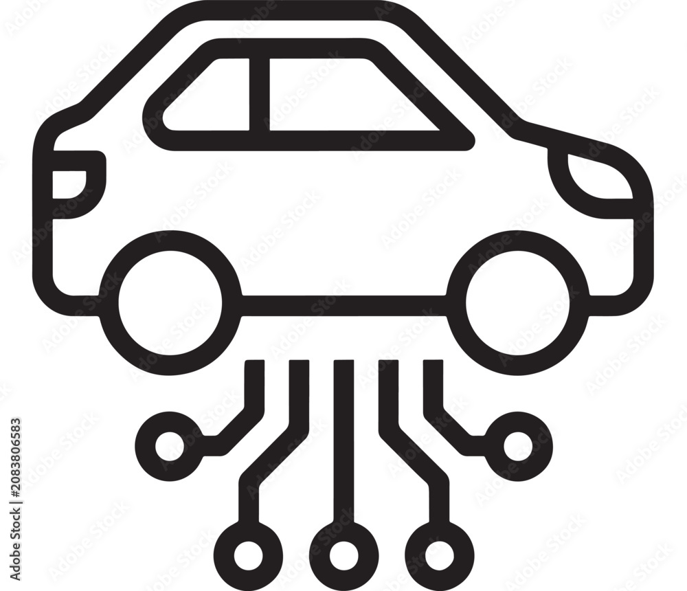 Fototapeta premium Black and White Vector Line Art Illustration of a Connected Car Icon with Circuit-Like Wheels and Engine Nodes