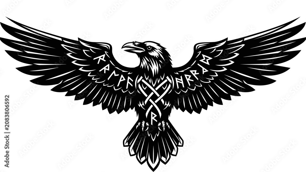 Fototapeta premium Norse Raven with Runes and Celtic Knotwork Illustration