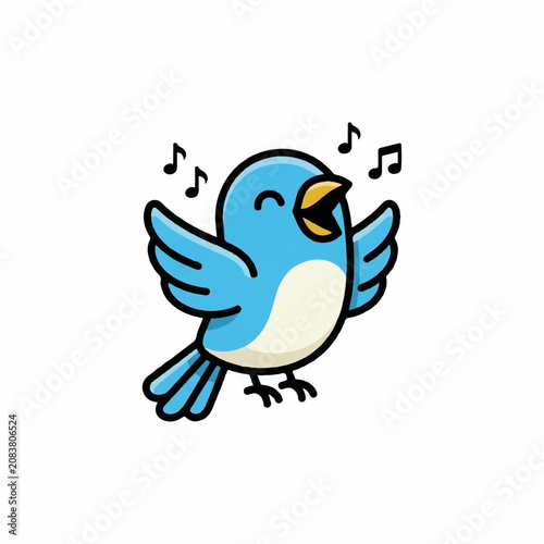 Cute cartoon blue bird singing happily with musical notes vector illustration isolated on white background