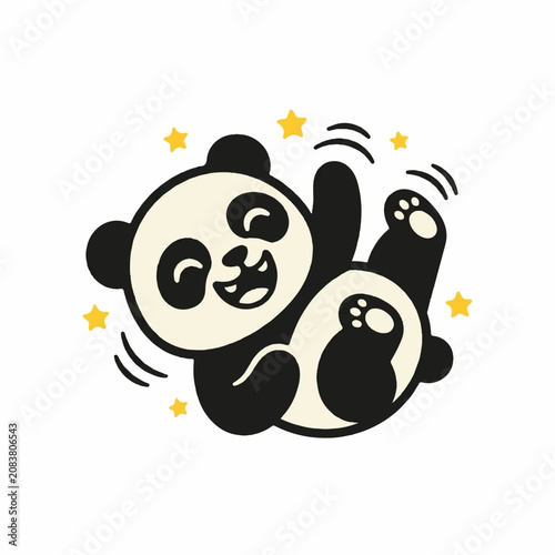 Cute cartoon panda bear rolling on its back and waving happily with yellow stars around it, isolated on a white background