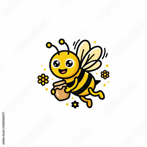Cute cartoon honey bee flying while holding a pot of sweet honey, adorable insect mascot illustration on white background