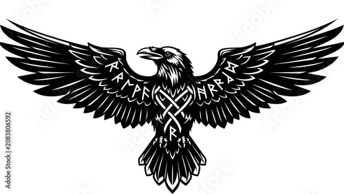 Schilderij op canvas Norse Raven with Runes and Celtic Knotwork Illustration