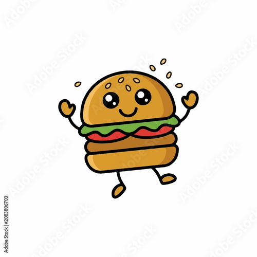 Ilustrasi kartun karakter burger lucu dengan ekspresi wajah tersenyum bahagia berlatar belakang putih