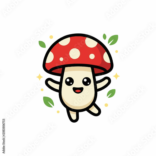 Cute cartoon mushroom character with a happy smiling face jumping and waving hands, isolated on white background