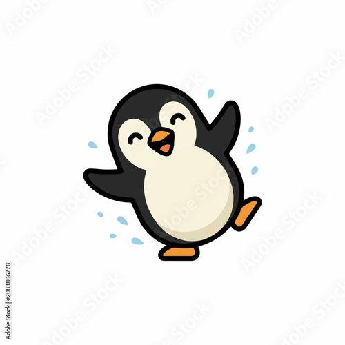 Cute cartoon penguin dancing and jumping happily with water splashes vector illustration isolated on white background