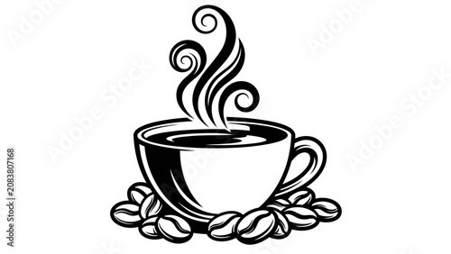 Foto Black and White Coffee Cup Illustration with Coffee Beans