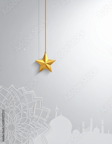 Golden star ornament hanging on string with mosque silhouette and mand