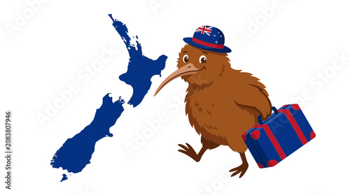 Fotografie Kiwi Bird Character Traveling from New Zealand with Suitcase and Hat