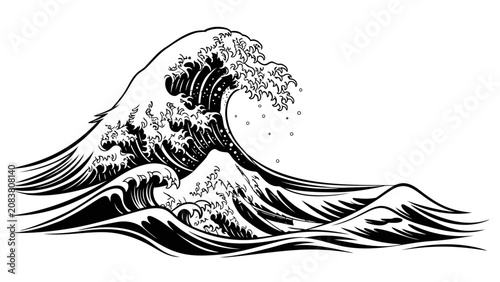 Schilderij op canvas Black and White Ocean Wave Illustration