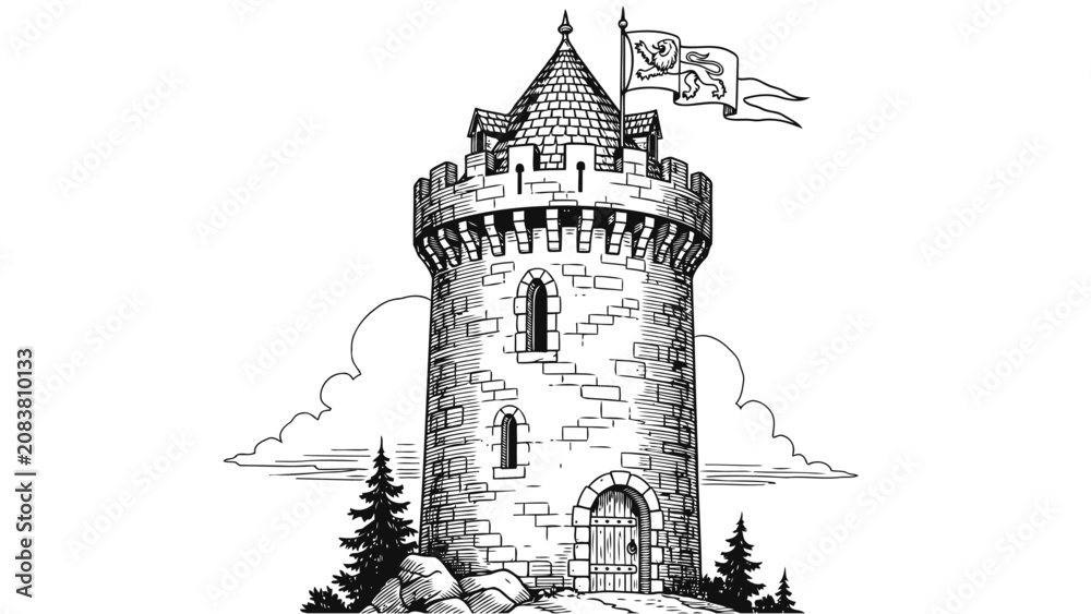 Obraz premium Medieval Stone Tower Illustration with Flag and Forest Landscape