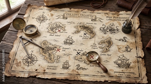 Vintage pirate treasure map with compass and magnifying glass