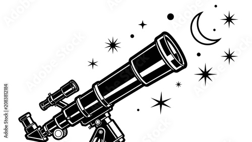 Tableau sur toile Black and White Telescope Illustration with Moon and Stars