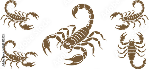 Brown scorpion icons, scorpion silhouettes, vector scorpions, zodiac signs