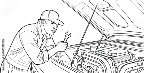 Mechanic, car repair, engine maintenance, automotive service, illustration