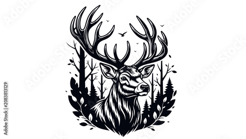 Bild auf Leinwand Majestic Stag Head Illustration in Forest Setting