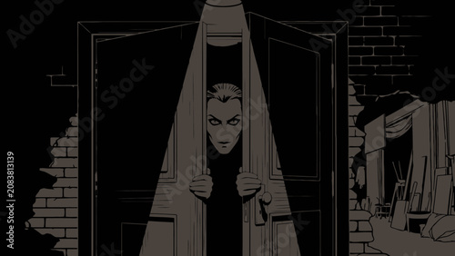 Schilderij op canvas Spooky Figure Peeking Through Half Opened Doorway in Dark Room