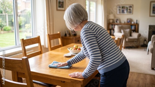 Senior woman cleaning a wooden dining table with a cloth at home