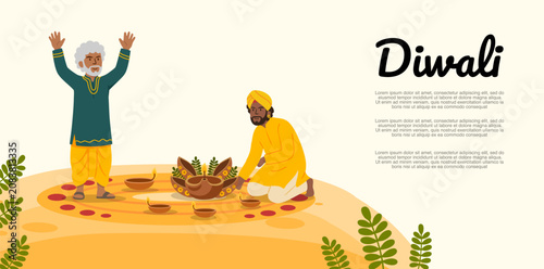 Tableau sur toile elderly couple performing traditional diwali puja ritual at home